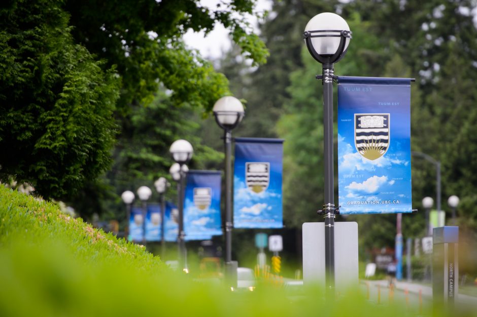 Decorative image of lamp post banners on campus.