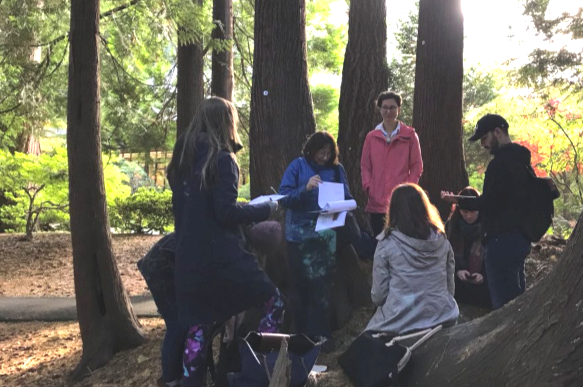 Students with clipboards doing groupwork outside in the woods