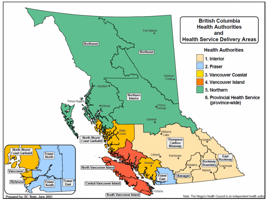 Map of BC Health Authorities showing the health service delivery areas.