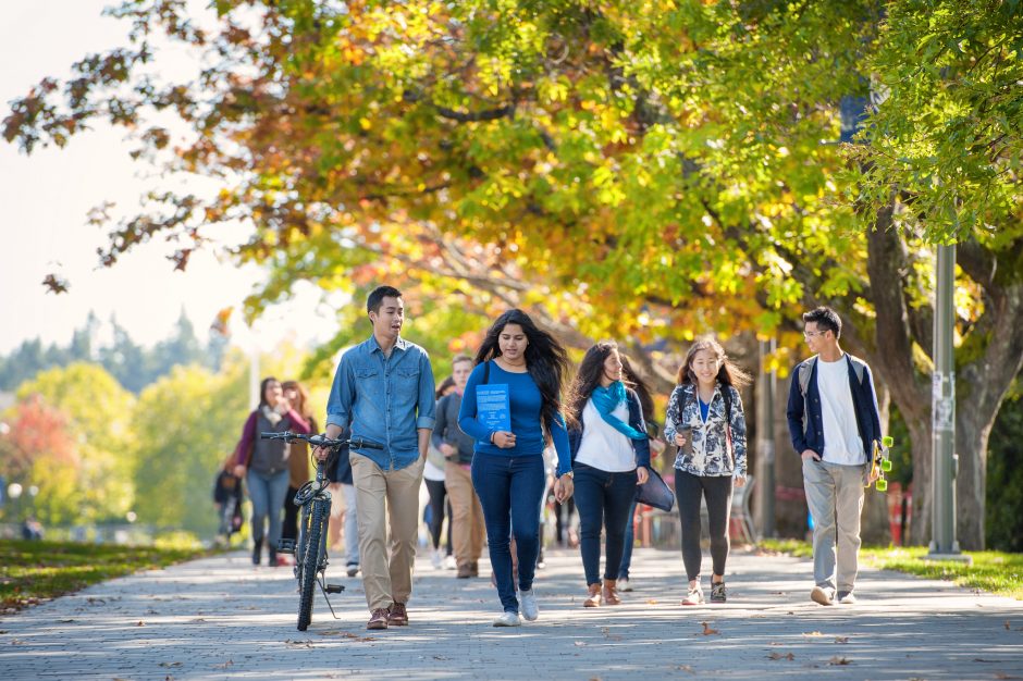 Students walking around campus on a fall afternoon.