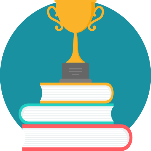 Illustrative image of a trophy on a pile of books.