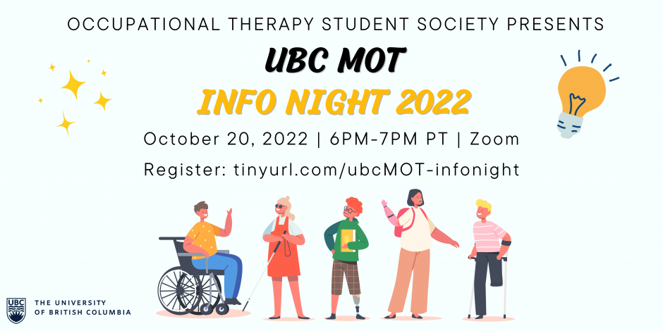 A group of people talking and connecting under the text UBC MOT Info Night 2022