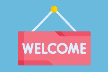 Red/pink welcome sign on blue background