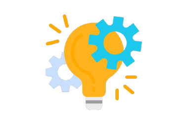 Icon of a bright yellow lightbulb, surrounded by cogs and sparks to indicate an idea