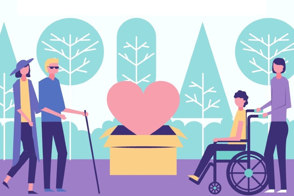 An illustration of trees, and representation of two occupational therapists, next to a heart on a box.