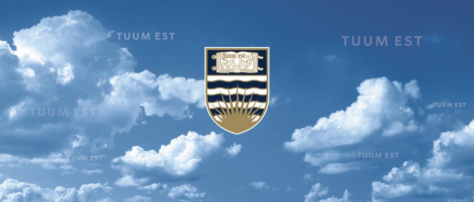 UBC logo floating above a blue sky with clouds and the associated latin motto Tuum Est. It is Yours.