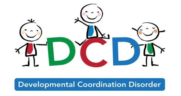 Developmental Coordination Disorder logo with stick-figure drawings of happy children around the letters DCD