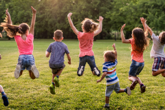 A line of children jumping in the air