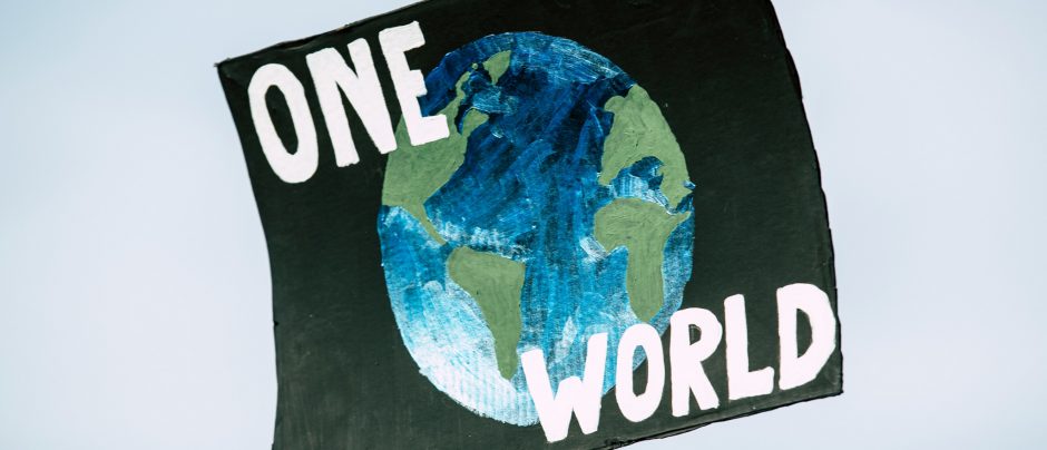 Protest placard with painting of a planet and the words One World